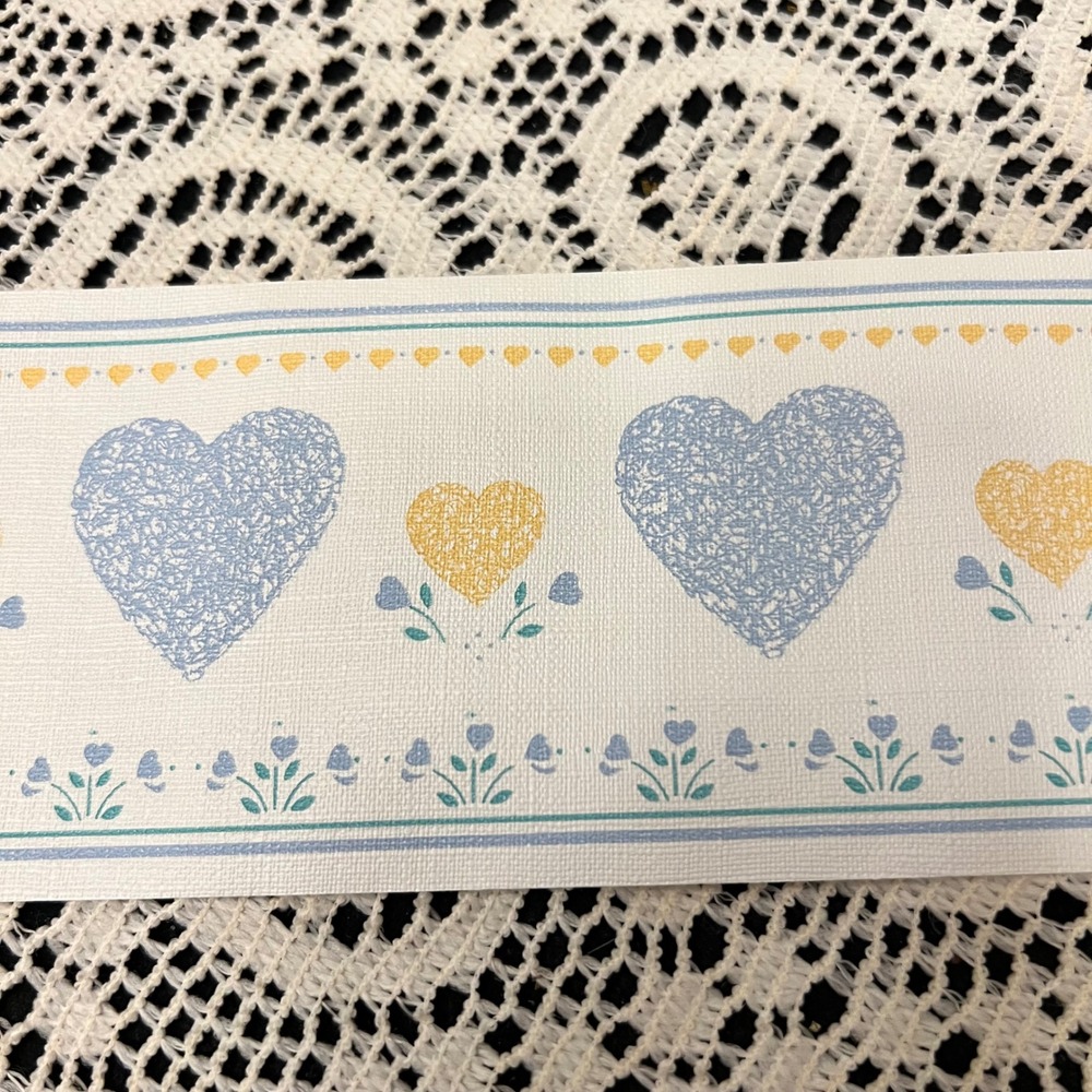 Vintage Wallpaper Border Hearts Blue Yellow | 1 Full Roll | Cottage - Picture 3 of 4